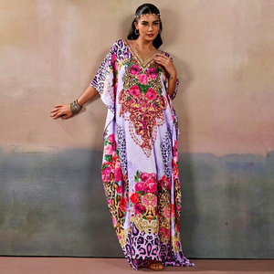 Wholesale Designer Turkish Style <b>Kaftan</b> Women Polyester Handmade Batwing Sleeves V Neck Regular Fit Flared Hem Midi Lightweight - Product Image 1