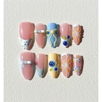 Faux ongles à presser pour femmes, nude, bleu, jaune, amande, 3D, motif myrtille, agrumes, nœud, dentelle, carreaux, pour style Cottagecore et pique-nique