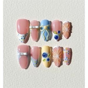 Faux ongles à presser pour femmes, nude, bleu, <span class=keywords><strong>jaune</strong></span>, amande, 3D, motif myrtille, agrumes, nœud, dentelle, carreaux, pour style Cottagecore et pique-nique - Product Image 3