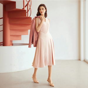 Robe élégante rose sans manches à col en V pour femme, <span class=keywords><strong>jupe</strong></span> évasée taille haute, idéale pour les mariages d'été, les cocktails et les soirées. - Product Image 5