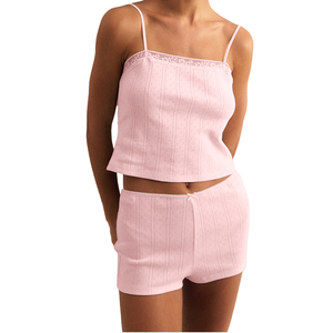 Ensemble pyjama femme en coton rose avec dentelle, caraco et short, tenue de nuit d'été, vente en gros personnalisée - Product Image 1