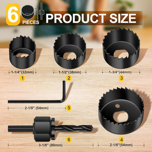 Kit de scies cloches 6 pièces, comprenant 4 tailles de 1-1/4" à 2-1/8"(32-54mm), mandrins et clé hexagonale, en acier au carbone haute résistance - Product Image 4