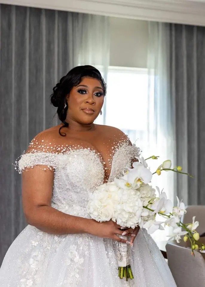 wedding dress with sheer back and pearls A-line See Through Tulle Long Sleeve Wedding Dresses Pearl WD336 Custom Size / Custom Color