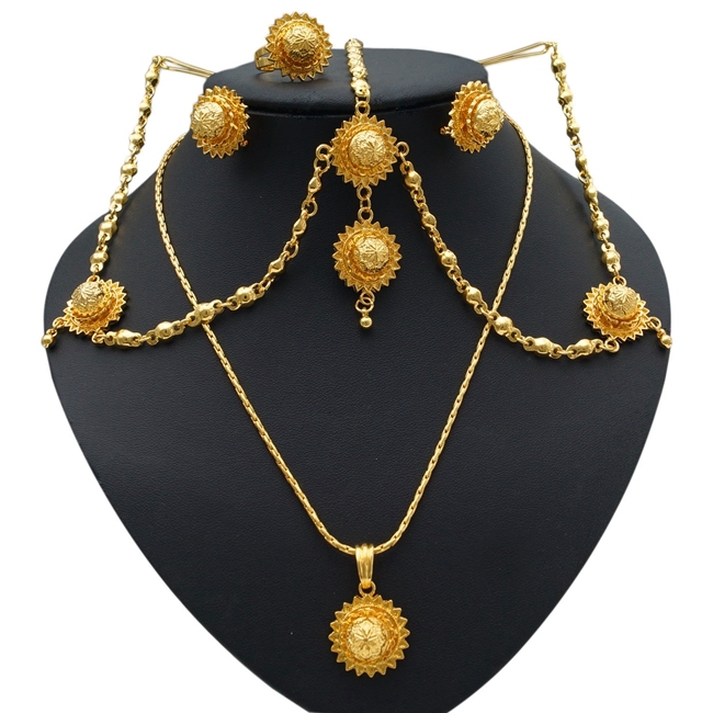 Ethiopian Eritrean Jewelry Set - Bright Gold Plated Bridal Wedding Set With Hair Accessories, African Style - View #8