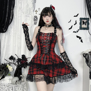 Vestido corto gótico a cuadros para mujer con ribete de encaje, vestido de fiesta con estética punk rock para Halloween - Product Image 1
