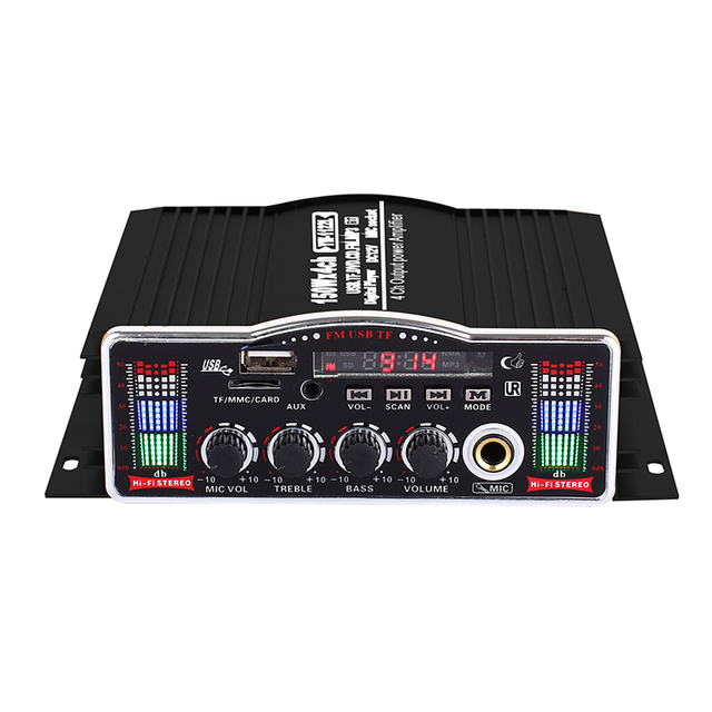 OEM Audio Mode Digital Display Heavy Bass 4 Channel Amplifier DC 12v Power Amplifier with Usd Tf Fm Wireless BT Mic