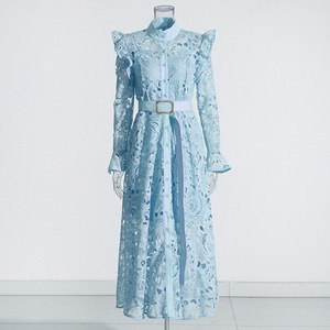 AELESEEN Elegante Abito Lungo in Pizzo <span class=keywords><strong>Azzurro</strong></span> <span class=keywords><strong>e</strong></span> <span class=keywords><strong>Rosa</strong></span> con Maniche Lunghe, Spalle Arricciate <span class=keywords><strong>e</strong></span> Cintura, Traforato con Fodera per Occasioni di Festa - Product Image 1