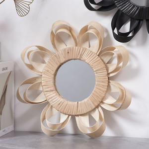 Wicker <b>Round</b> <b>Wall</b> <b>Mirror</b> Black Natural Wood Frame Home Decor Hanging Art For Living Room Entryway - Product Image 2