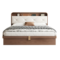 Lit double moderne en pin avec revêtement en cuir PU, fonction de rangement, inclinable et réglable, taille Queen pour la chambre à coucher