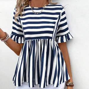 Summer Women a Line <b>Top</b> Elegant Ruffle Sleeve Striped <b>Patchwork</b> <b>Top</b> Loose Solid Short Sleeve Casual Shirt - Product Image 6