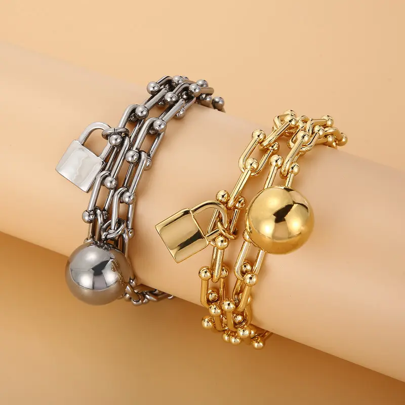 Nueva moda de acero inoxidable chapado en oro de doble capa pulsera de joyería Cadena de herradura personalizada collar de candado de bola redonda