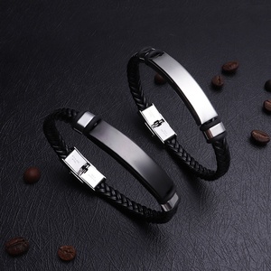 Wholesale Custom Braided Wristband Bangle Leather Stainless Steel Bracelet Man and Woman Lettering Engraved Logo for Couple