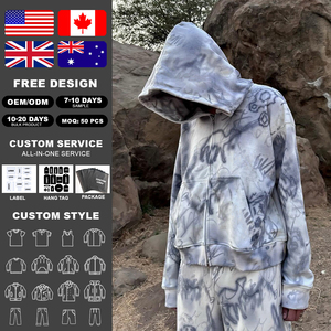 เสื้อฮู้ดซิปผู้ชายสไตล์สตรีทแวร์พิมพ์ลายกราฟฟิตีเต็มตัวแบบซิป  ทรงโอเวอร์ไซส์  สีซีดแบบซันเฟด  ดีไซน์ขาดๆ แบบดิสเทรส - Product Image 2