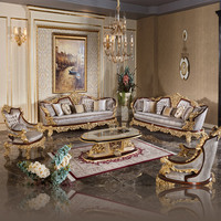 Barockes Königliches Luxus-Sofa-Set im Europäischen Stil mit Blattgold-Verzierung, Handgeschnitztem Massivholzrahmen und Gestepptem Stoffbezug für das Wohnzimmer