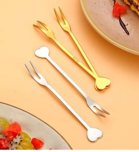 Fourchette à dessert créative en acier inoxydable 304, or et argent, en forme de cœur, à deux dents, pour gâteaux et fruits - Product Image 3