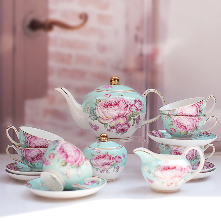 Custom Luxury Pink Color Floral Turkish Tea Cup Saucer Sets,Fine 5 Pcs Porcelain Tea Set Tea Pot Set