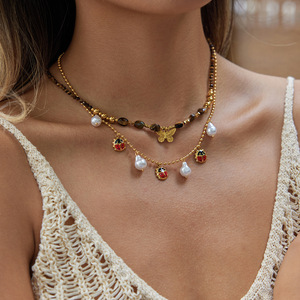 Ladybug Necklace Gold Chain Layered Pearl Insect Charm Women's Fashion Jewelry for Sweaters Autumn Winter Accessory - Product Image 2