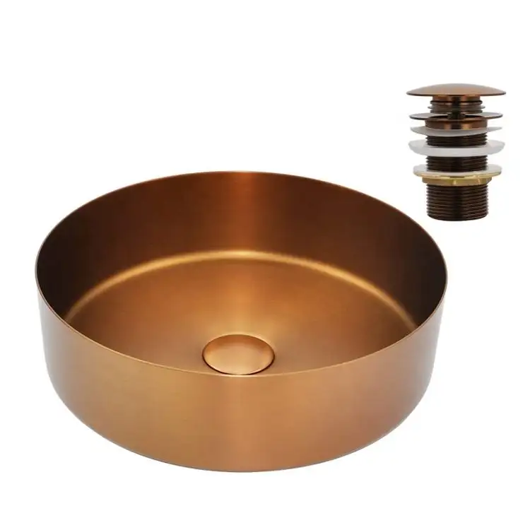 SS-BathroomSink Modern Design Counter Top Rose Gold Round Basin Stainless Steel Single Bowl Bathroom Sink