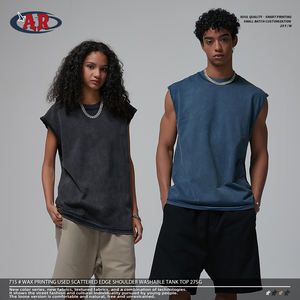 Wasteland Style Vest Dirty Wash 100% algodón 275G Frayed Edge Chaleco deportivo de alta calidad para hombres Camisa sin mangas - Product Image 3