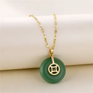 Collar con colgante de Jade Fu, joyería de la suerte de Estilo Vintage chino, 18K, chapado en oro, círculo abierto, collar de Jade