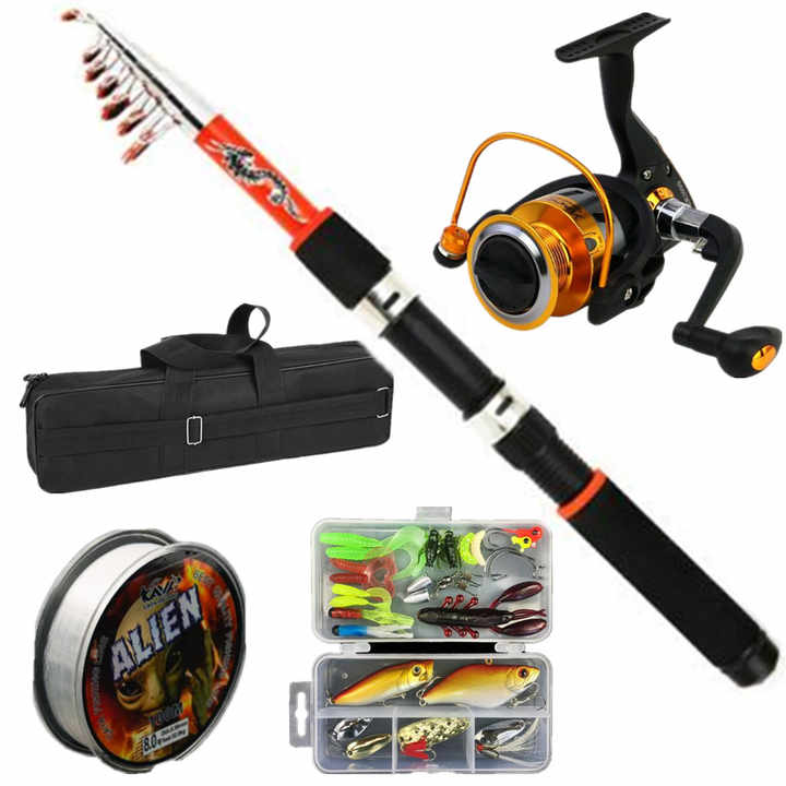 adult fishing pol Dr.Fish Rod and Reel Combos 125-Pieces Telescopic Spinning Pole Reel Gear Equipment Set with Tackle Bag for Collapsible Travel Complete Fishing Sets Men Starter Freshwater Saltwater 6FT BlueFire Fishing Rod Kit -