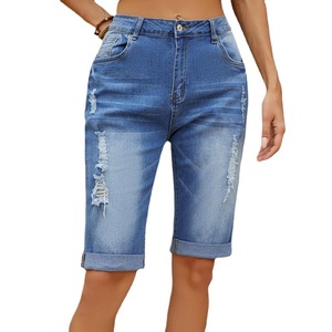 Shorts de mezclilla para mujer, de cintura media, corte recto, casuales, con dobladillo, versátiles, estilo retro, hasta la rodilla - Product Image 2