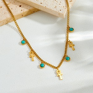 Golden Turquoise Ankh Pendant Necklace Gold Plated Stainless Steel Clavicle Chain Daily Wear Fashion Jewelry - Product Image 3