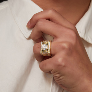 Yellow <b>Gold</b> Moissanite <b>Cocktail</b> <b>Ring</b> Round Brilliant Cut Pave Setting Geometric Luxury Unisex Engagement <b>Ring</b> - Product Image 4