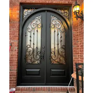 Alucasa American Exterior Main Front Entry Iron Door Grill Design Steel Entrance Double Door For Home