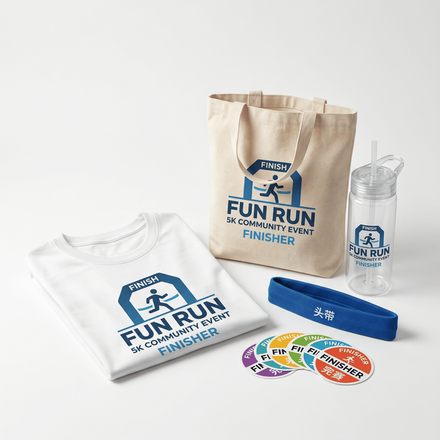 Custom Fun Run Race Kit with T Shirt Canvas Bag Sports Cup Headband for 5K Community Event Giveaway