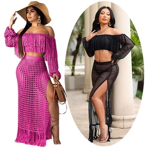 Ensemble de jupes 2 pièces à franges pour femmes-Short de bikini à pompons rose en crochet-Top court à épaules dénudées-Vêtements d'été-Robe de plage - Product Image 1