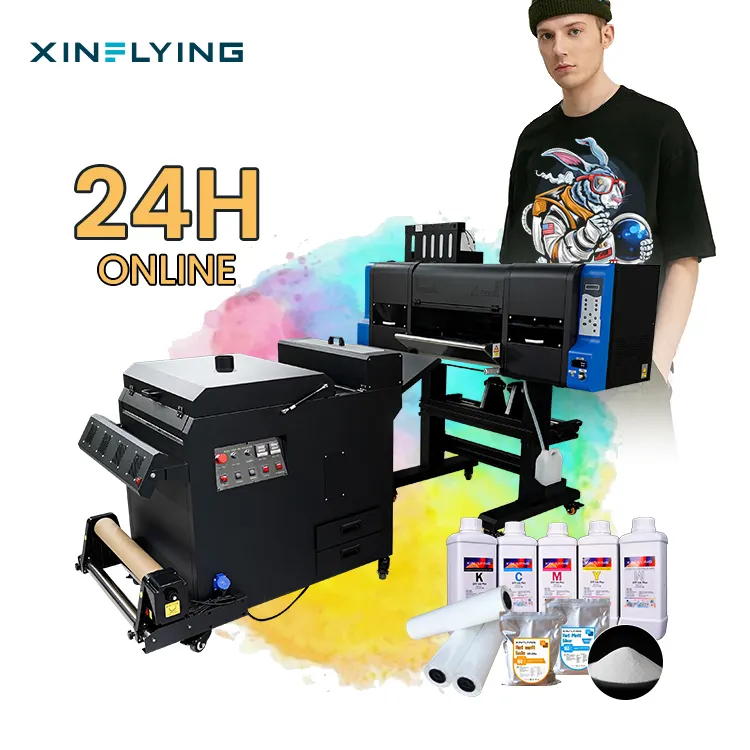 XinFlying digital dtf 60 cm printer 12sqm/h pakaian kaus mesin cetak inkjet a1 dengan shaker powder & oven semua dalam satu