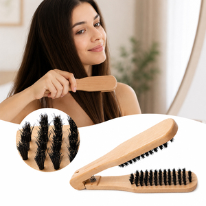 <span class=keywords><strong>Cepillo</strong></span> de pelo de cerdas de jabalí antiestático de doble cara en forma de V con mango de madera natural premium para extensiones de cabello y alisado - Product Image 4