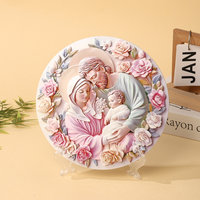 Assiette en résine Sainte Famille, Décoration d'intérieur, Couronne florale rose, Relief 3D, Statue religieuse catholique, Ornement de bureau avec support de présentation