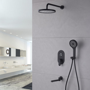 Système <span class=keywords><strong>de</strong></span> <span class=keywords><strong>douche</strong></span> rectangulaire en laiton à fixation murale, ensemble 4 pièces pluie et <span class=keywords><strong>jet</strong></span>, économie <span class=keywords><strong>d</strong></span>'<span class=keywords><strong>eau</strong></span>, noir mat pour hôtels et appartements - Product Image 2