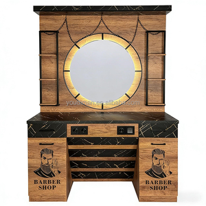 Station de coiffure avec miroir pour salon de barbier, coiffeuse avec rangement, dessus en marbre, tiroirs et éclairage pour salon de beauté - Product Image 1