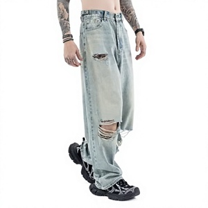 Jean déchiré coupe droite pour homme, taille haute, coupe ample, denim délavé, style décontracté printemps, tissu en coton délavé clair - Product Image 1