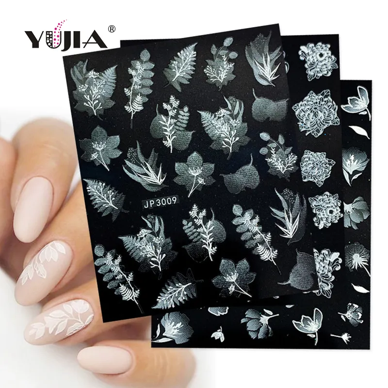Pegatinas de uñas de la serie F, relieve degradado, hojas de ballet blancas, flores, pegatinas adhesivas de nubes blancas para uñas
