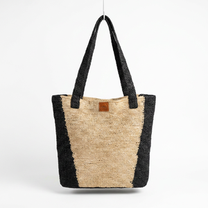 Sac cabas en raphia à panneaux noir et naturel, couleur unie, fermeture éclair, style bohème, sac de shopping toutes saisons - Product Image 1