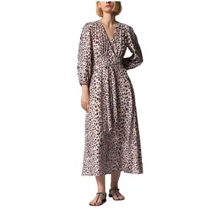 Quảng Châu nhà máy may mặc tùy chỉnh chất lượng cao in voan Leopard dài V cổ Maxi Dress