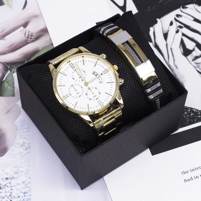 YuSa1290 Hot Sale Alloy Fashion Stainless Steel Quartz Watch Bracelet Set Classic Boy Black Geneva Watches for Men
