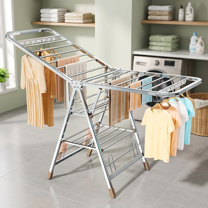 Adjustable <b>Foldable</b> <b>Clothes</b> <b>Drying</b> <b>Rack</b> Carbon Steel Laundry Airer with Wheels 3 Tier Space Saving <b>Drying</b> Stand - Product Image 2