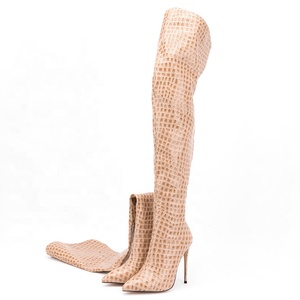 Bottes de mode pour femme, longues, au-dessus du genou, à talon fin et haut, bout pointu, avec fermeture éclair arrière, imprimé pierre, hiver, taille 47 - Product Image 1
