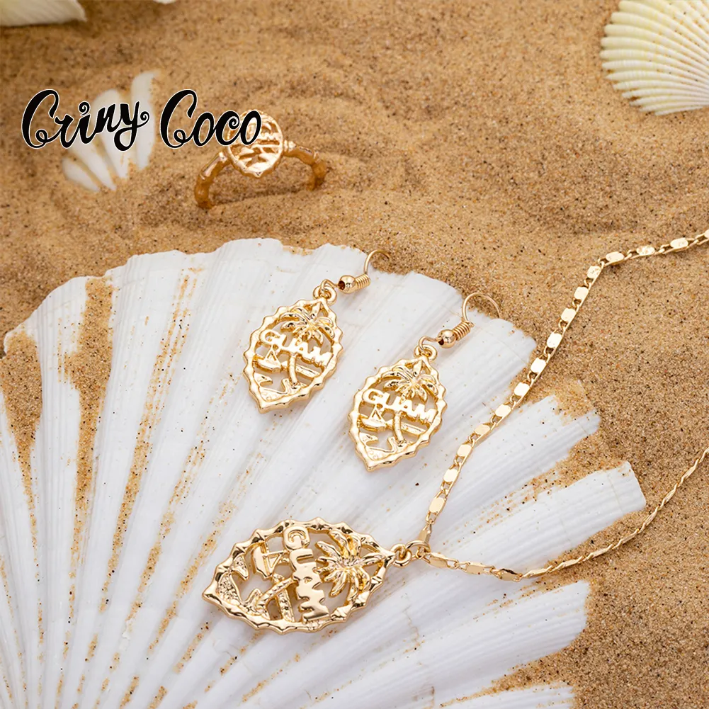 Conjunto de joias para mulheres cring coco, conjunto de brincos de árvore havaiano de plástico com anéis, colares guam e joias de marca de luxo para mulheres
