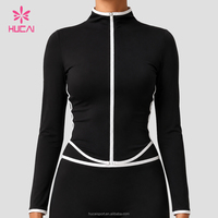 Chaqueta Deportiva Personalizada HUCAI, Ajustada, de Spandex y Nailon, con Cuello Alto, para Yoga, Gimnasio, Entrenamiento, para Mujer, con Ribete en Contraste y Cierre Completo