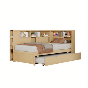 Twin Size <b>Wood</b> Daybed with Storage Shelves and Trundle <b>Bed</b> Pine Minimalist Design - Product Image 1