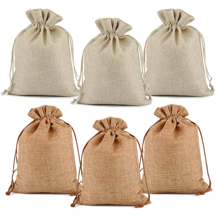 Hot Sale Custom Logo Printed Eco Friendly Small Pouch Linen Jute Burlap Drawstring Gift Bag With Handles