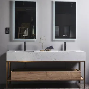 美国豪华镜子铝柜现代灰色浴室梳妆台洗手盆水槽，带金色底座支架