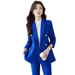 Women's Blue Suit Set Polyester Formal Autumn Anti-Wrinkle Two-Piece OL Style Professional Jacket Pants - Product Image 5
