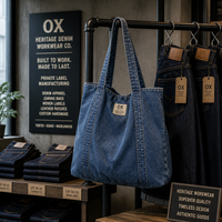 Sac fourre-tout en toile denim délavé personnalisé, bleu indigo, sac à bandoulière en coton pour femme, style vintage streetwear, pour les trajets quotidiens